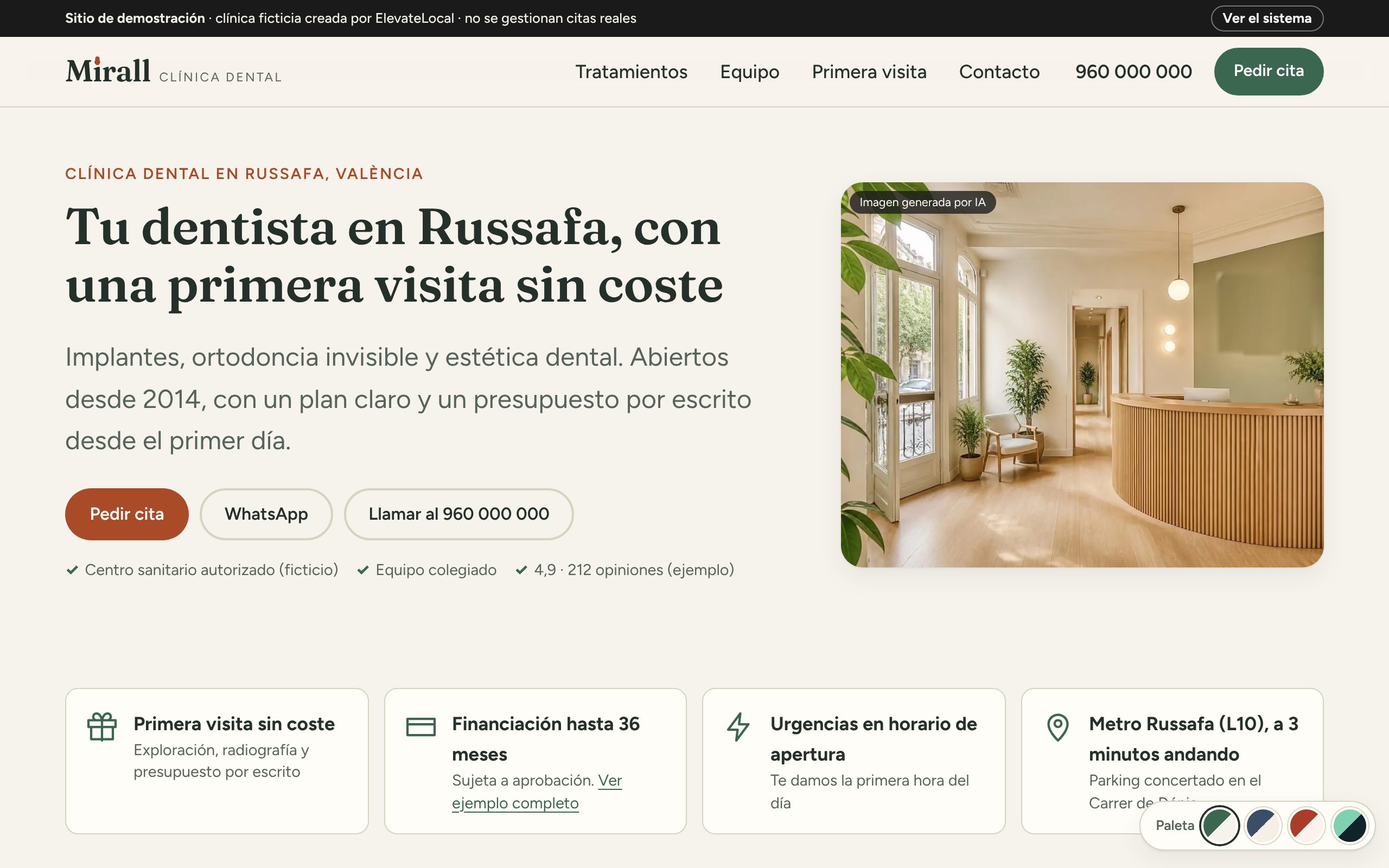 Portada de la web de ejemplo Clínica Dental Mirall: titular, botones de pedir cita, WhatsApp y llamar, y foto de la recepción